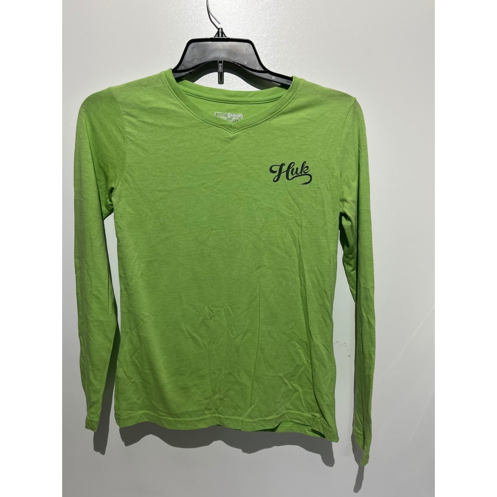 Huk Womens Performance Long Sleeve V-Neck Tee Lime Green Logo Size Medium